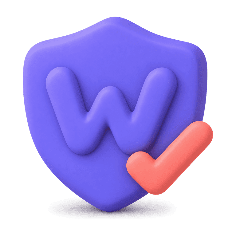 Un escudo con la W de Wutsie y una marca de verificación apoyada en el borde